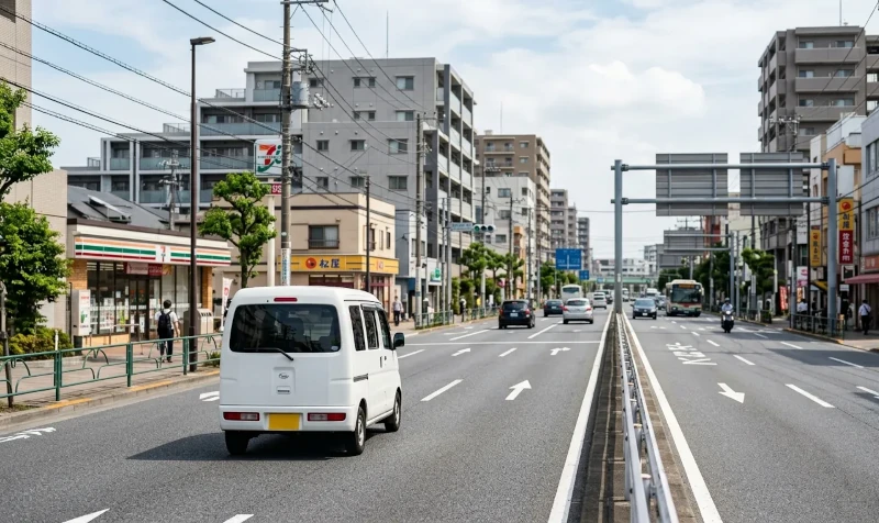 江戸川区葛西・西葛西エリアの幹線道路と商業施設近くを走る軽貨物配送車
