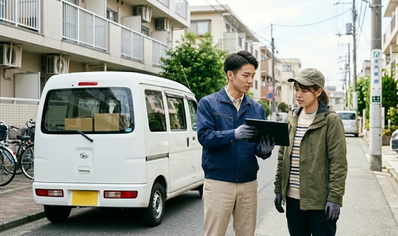 江戸川区葛西エリアで副業ドライバー向けに軽貨物のルート説明を受ける様子